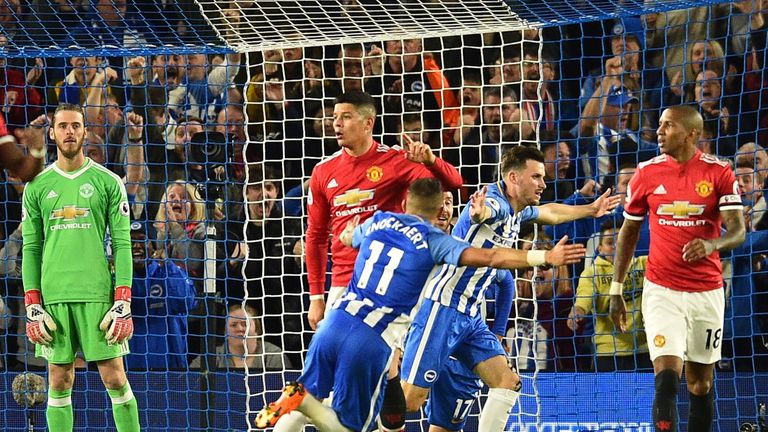 Pascal Gross celebrates the opening goal for Brighton against Manchester United, Premier League