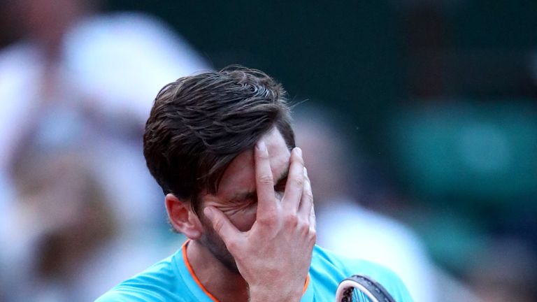 Cameron Norrie of Great Britain reacts during the mens singles second round match against Lucas Pouille of France during day four of the 2018 French Open at Roland Garros on May 30, 2018 in Paris, France.