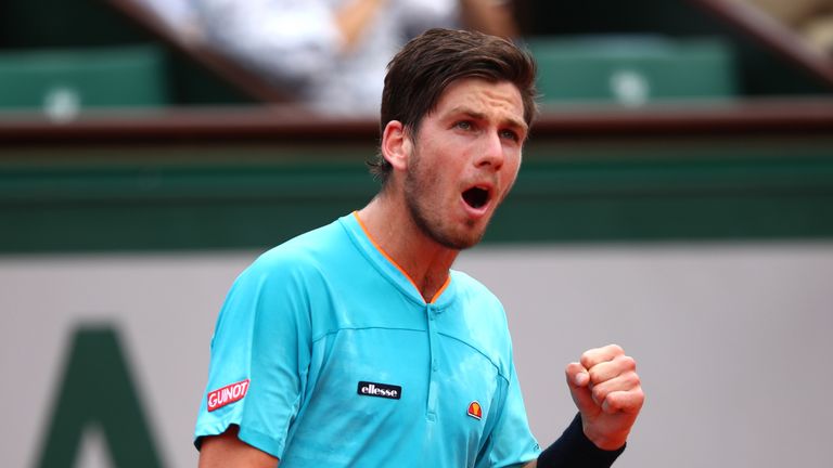 Cameron Norrie of Great Britain celebrates during his mens singles second round match against Lucas Pouille of France during day five of the 2018 French Open at Roland Garros on May 31, 2018 in Paris, France.