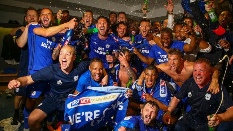 Cardiff City celebration their promotion to the Premier League,  Geoff Caddick/JMPUK