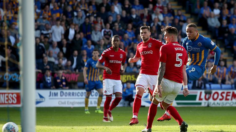 Shrewsbury Town's Carlton Morris makes it 1-0 during the Sky Bet League One play-off, second leg against Charlton
