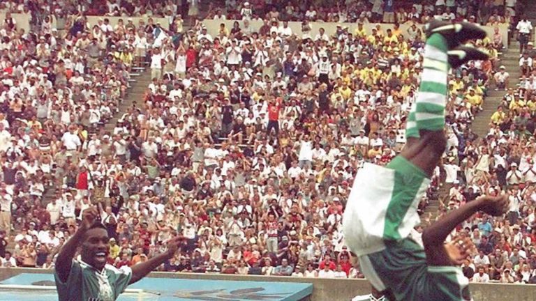 Celestine Babayaro celebrates Nigeria's equaliser against Brazil during the 1996 Olympics semi-final
