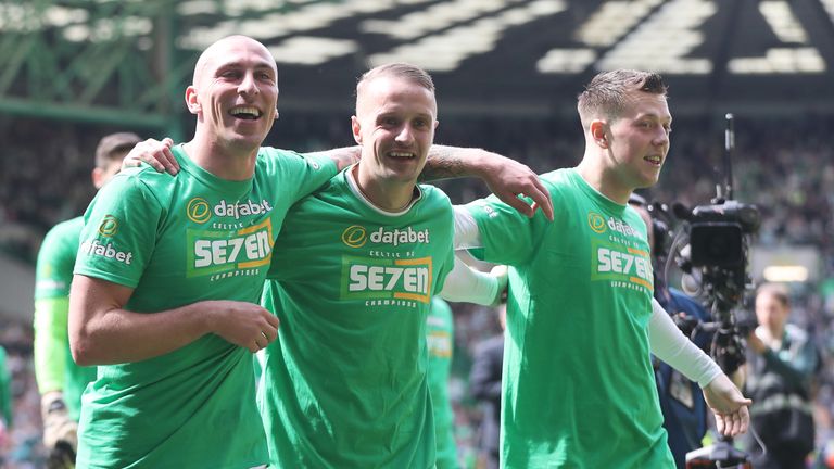 Leigh Griffiths and Scott Brown celebrate following the Scottish Premier League match between Celtic and Rangers at Celtic Park on April 29, 2018 in Glasgow, Scotland.