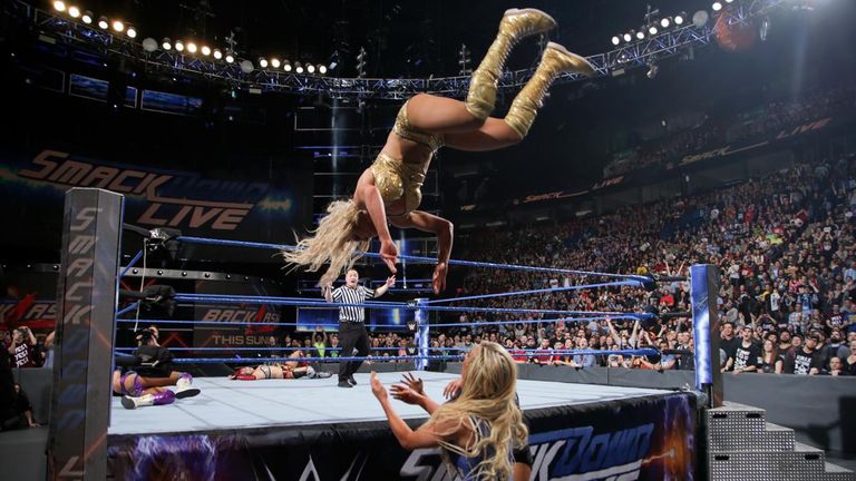 Charlotte Flair hit Billie Kay and her Backlash opponent Carmella with a perfect top-rope moonsault on SmackDown
