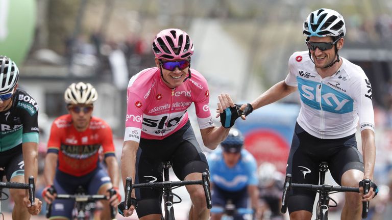 Chris Froome crosses the line on the final mountain stage of the Giro d'Italia