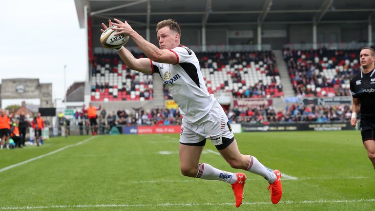 Craig Gilroy scores the opening try for Ulster