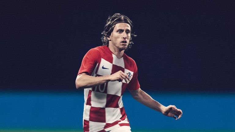 Luka Modric models the new Croatia home shirt - with a thicker  checkerboard pattern