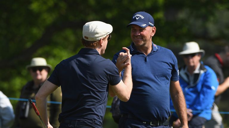 Damian Lewis and Thomas Bjorn during the pro-am ahead of the BMW PGA Championship ahead 
