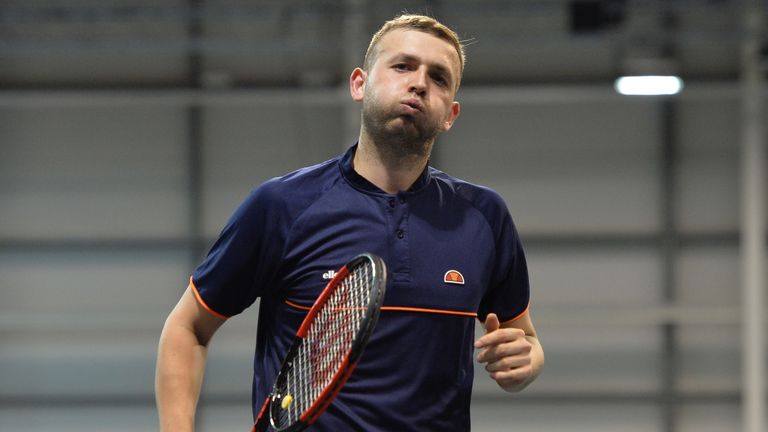 Dan Evans of Great Britain in action during his singles match with Lucas Miedler of Austria on the third day of The Glasgow Trophy at Scotstoun Leisure Centre on April 30, 2018 in Glasgow, Scotland