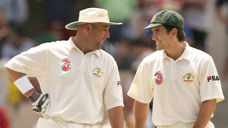 Darren Lehmann and Justin Langer of Australia share a laugh during day two of the Second Test between Australia and New Zealand played at the Adelaide Oval on November 27, 2004 in Adelaide.
