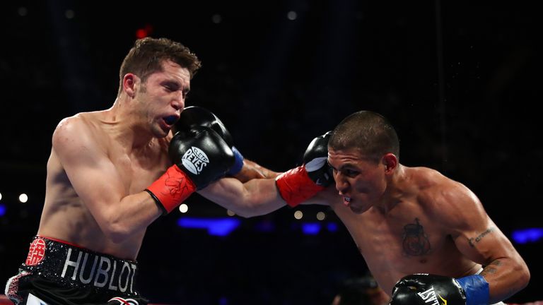 Carlos Cuadras David Carmona during their junior bantamweight bout at Madison Square Garden on March 18, 2017 in New York City.