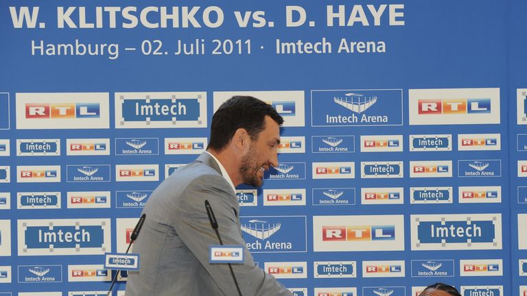during a press conference with Wladimir Klitschko and David Haye at the Imotech Arena on May 9, 2011 in Hamburg, Germany.The two boxers will fight together in June 2011.