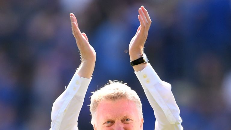 West Ham manager David Moyes celebrates with fans after winning against Leicester