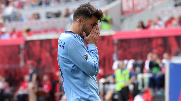 David Villa reacts during New York City FC's heavy derby defeat. Pic: USA TODAY