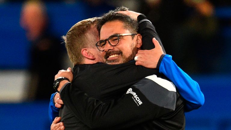 David Wagner celebrates Huddersfield Town's Premier League survival with assistant head coach Cristoph Buhler