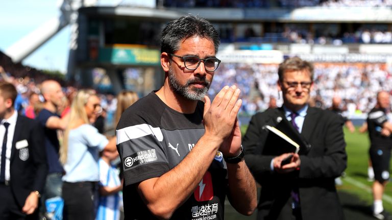David Wagner applauds fans prior to the Premier League match between Huddersfield Town and Arsenal at John Smith's Stadium