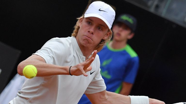 Canada's Denis Shapovalov returns a shot to Czech Republic's Tomas Berdych during their ATP Masters tournament tennis match on May 15, 2018 at the Foro Italico in Rome