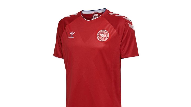 Denmark's home shirt is a classic plain red with a subtle cross pattern running diagonally