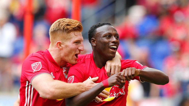 Derrick Etienne (R) is congratulated by Tim Parker (26) after scoring at Red Bull Arena. Pic: Noah K. Murray / USA TODAY 