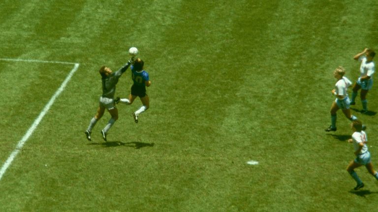 One of Diego Maradona&#39;s most-famous moments in his career - scoring with the infamous Hand of God handball against England.