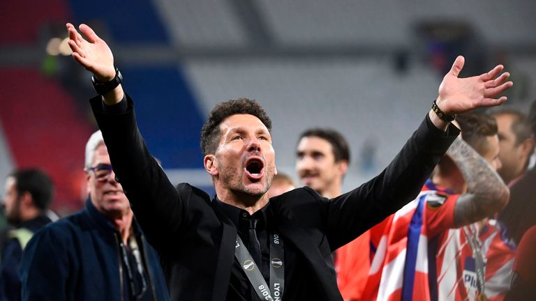 Diego Simeone celebrates after Altetico Madrid's victory over Marseille in the Europa League final