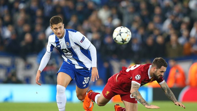 Diogo Dalot fouls Danny Ings during the UEFA Champions League Round of 16, Second Leg match between Liverpool and FC Porto at Anfield on March 6, 2018