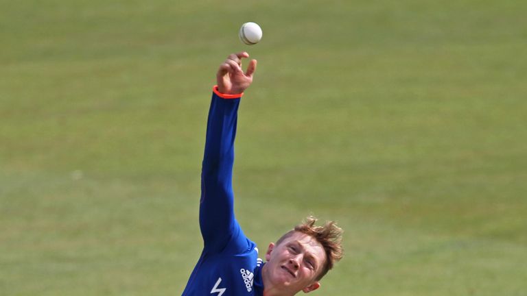 CANTERBURY, ENGLAND - AUGUST 16: Dominic Bess of England U19 bowls during the Royal London One-Day Series match between England U19 v Sri Lanka U19 on August 16, 2016 in Canterbury, England. (Photo by Sarah Ansell/Getty Images). *** Local Caption *** Dominic Bess