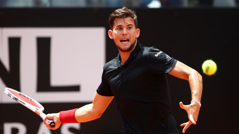 Dominic Thiem of Austria plays a forehand in his match against Fabio Fognini of Italy during day four of the Internazionali BNL d'Italia 2018 tennis at Foro Italico on May 16, 2018 in Rome, Italy. 