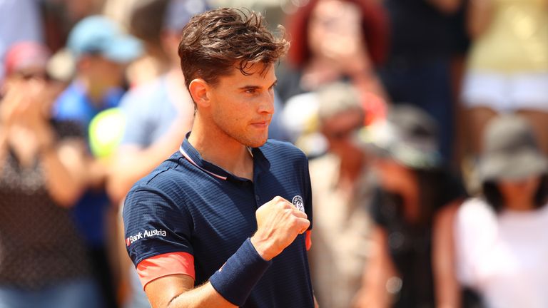 Dominic Thiem of Austria celebrates during the mens singles second round mtach against Stefanos Tsitsipas of Greece during day five of the 2018 French Open at Roland Garros on May 31, 2018 in Paris, France