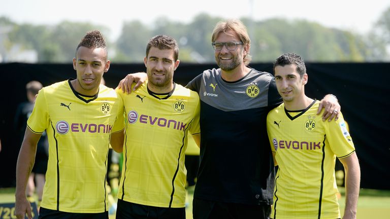 Pierre-Emerick Aubameyang (L), Sokratis (2nd L) and Henrikh Mkhitaryan (R) all joined Dortmund at the same time in 2013