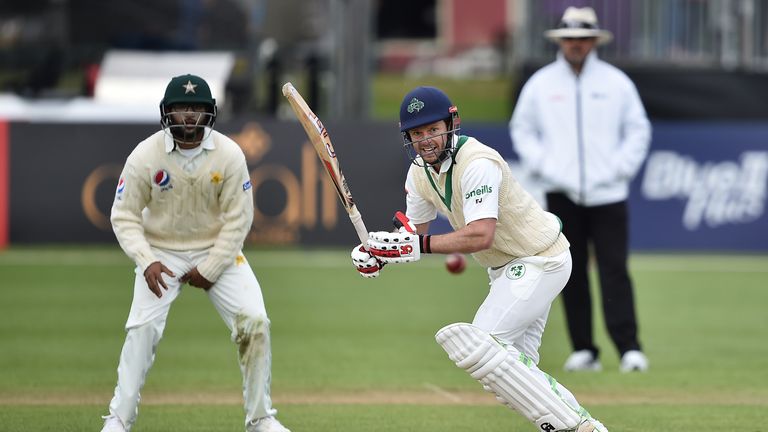 Ed Joyce of Ireland plays a delivery during the third day of the test cricket match between Ireland and Pakistan on May 13, 2018 in Malahide, Ireland. The home side were forced to follow on after being bowled out for 130 runs earlier in the day. (Photo by Charles McQuillan/Getty Images)
