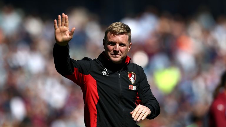 Eddie Howe waves to the fans prior to the Premier League match between Burnley and AFC Bournemouth at Turf Moor