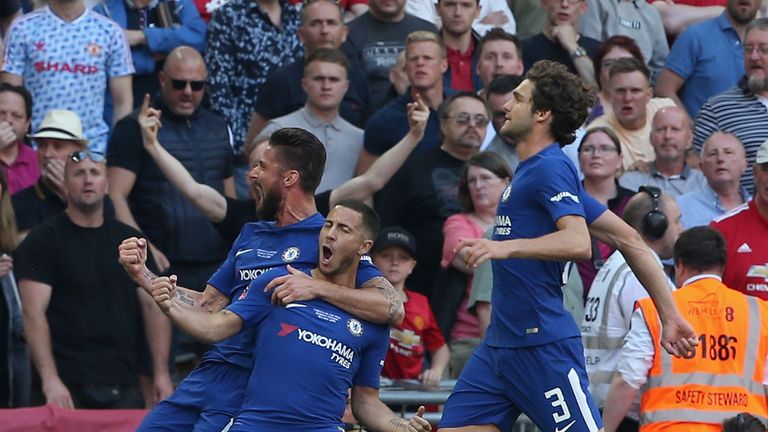 Eden Hazard celebrates after scoring Chelsea's winner in the FA Cup final against Manchester United