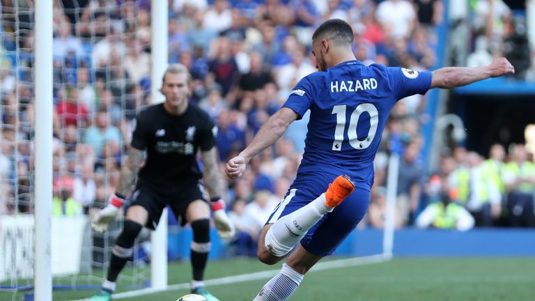 Eden Hazard takes a shot on goal during the Premier League match against Liverpool at Stamford Bridge