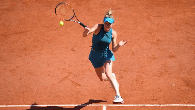 Ukraine's Elina Svitolina plays a forehand return to Australia's Ajla Tomljanovic during their women's singles first round match on day one of The Roland Garros 2018 French Open tennis tournament in Paris on May 27, 2018.