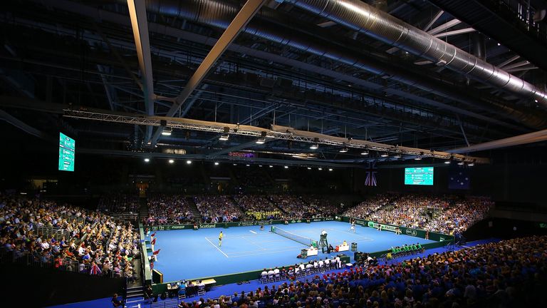 General View of the match between Bernard Tomic of Australia and Dan Evans of Great Britain during Day One of the Davis Cup Semi Final match between Great Britain and Australia at Emirates Arena on September 18, 2015 in Glasgow, Scotland.