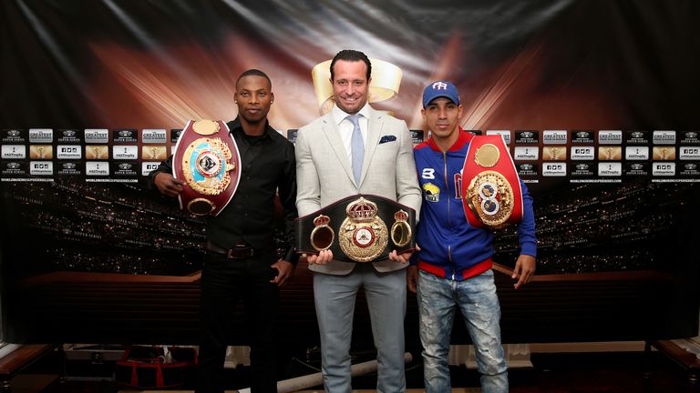 (Left to right) Zolani Tete, promoter Kalle Sauerland and Emmanuel Rodriguez pose after the press conference at the Savoy Hotel, London. PRESS ASSOCIATION Photo. Picture date: Wednesday May 9, 2018. Photo credit should read: Steven Paston/PA Wire