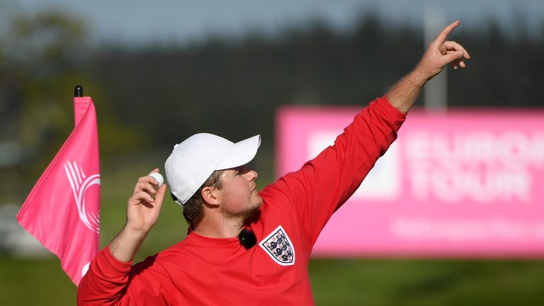 England's Eddie Pepperell throws his ball into the crowd at the GolfSixes