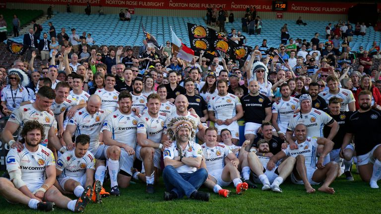 Exeter Chiefs celebrate the end of the regular season with their supporters at the Twickenham Stoop