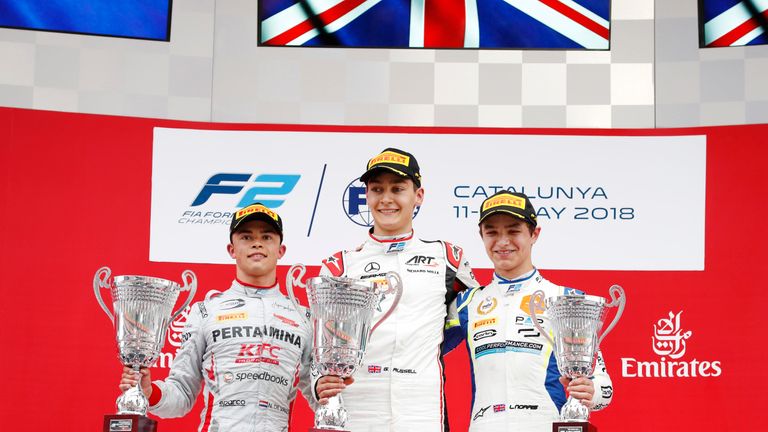 George Russell (c) Nyck De Vries (l) and Lando Norris (r) on the podium