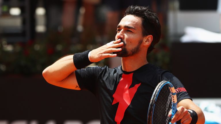 Fabio Fognini of Italy celebrates after victory in his match against Peter Gojowczyk of Germany during day 5 of the Internazionali BNL d'Italia 2018 tennis at Foro Italico on May 17, 2018 in Rome, Italy. 