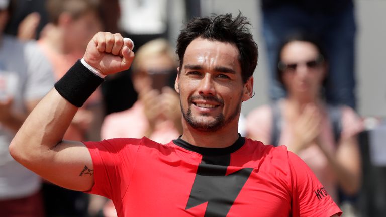 Italy's Fabio Fognini celebrates after victory in his men's singles second round match against Sweden's Elias Ymer on day five of The Roland Garros 2018 French Open tennis tournament in Paris on May 31, 2018