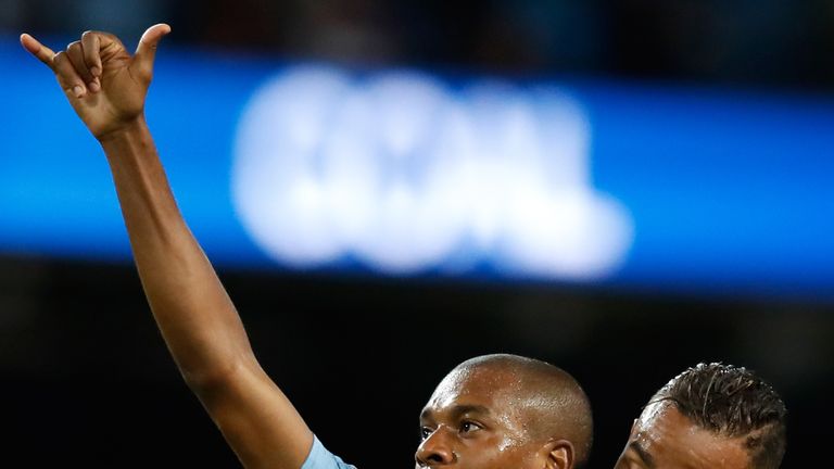 Fernandinho celebrates scoring Manchester City&#39;s third goal