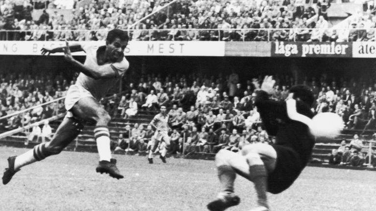 Edvaldo Netto Vava scores for Brazil against France in the semi-finals in Stockholm