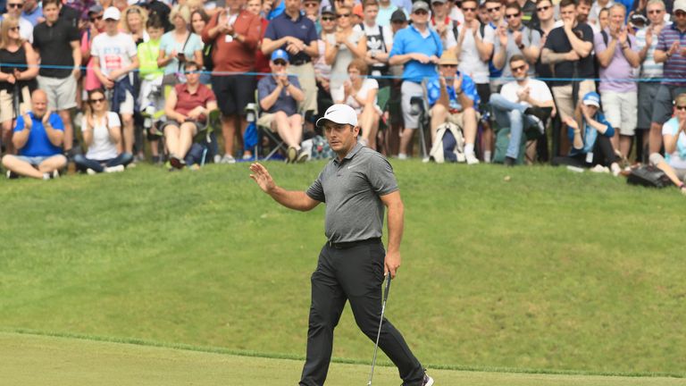 VIRGINIA WATER, ENGLAND - MAY 27:  Francesco Molinari of Italy acknowledges the crowd after a birdie on the 3rd green during day four and the final round of the BMW PGA Championship at Wentworth on May 27, 2018 in Virginia Water, England.  (Photo by Andrew Redington/Getty Images)