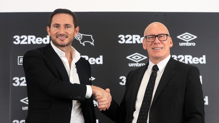 New Derby County manager Frank Lampard and owner Mel Morris during the press conference at Pride Park Stadium