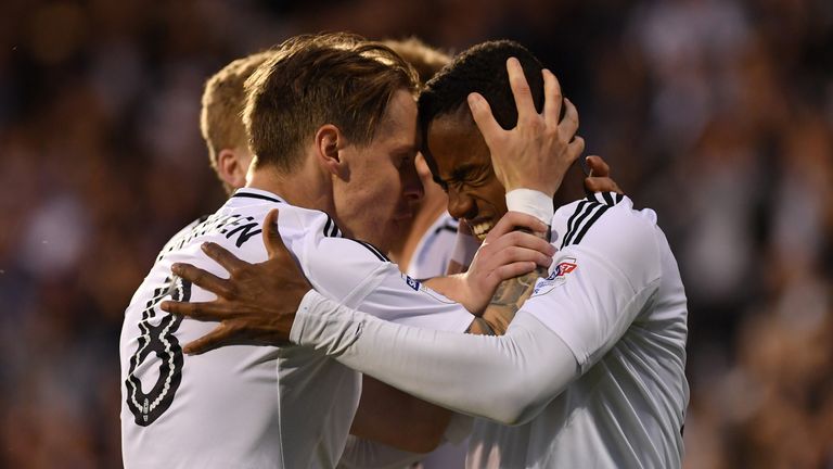 Ryan Sessegnon (right) and Stefan Johansen celebrate Fulham's first goal against Derby
