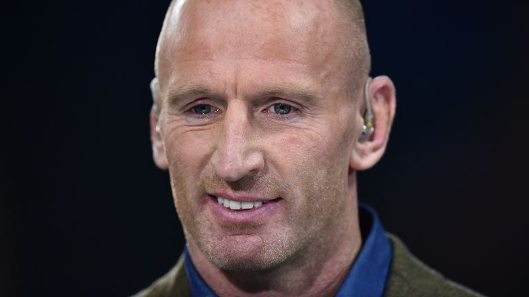 Welsh former rugby player Gareth Thomas looks on prior to a Pool A match of the 2015 Rugby World Cup between Wales and Fiji at the Millennium stadium in Cardiff, south Wales, on October 1, 2015.