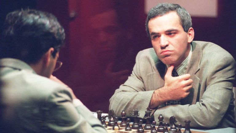 World Chess Champion Garry Kasparov of Russia watches his opponent Vishy Anand of India at the beginning of the fifth game of the Intel World Chess Championship at the World Trade Center 18 September. The first four games all ended in draws