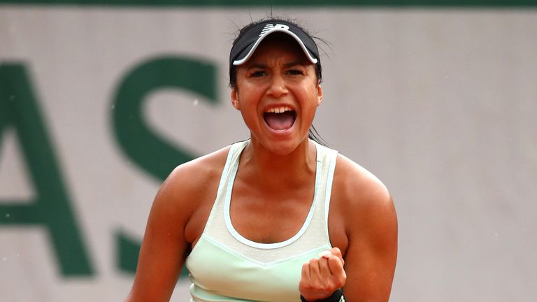 Heather Watson of Great Britain celebrates during her ladies singles first round match against Oceane Dodin of France during day two of the 2018 French Open at Roland Garros on May 28, 2018 in Paris, France